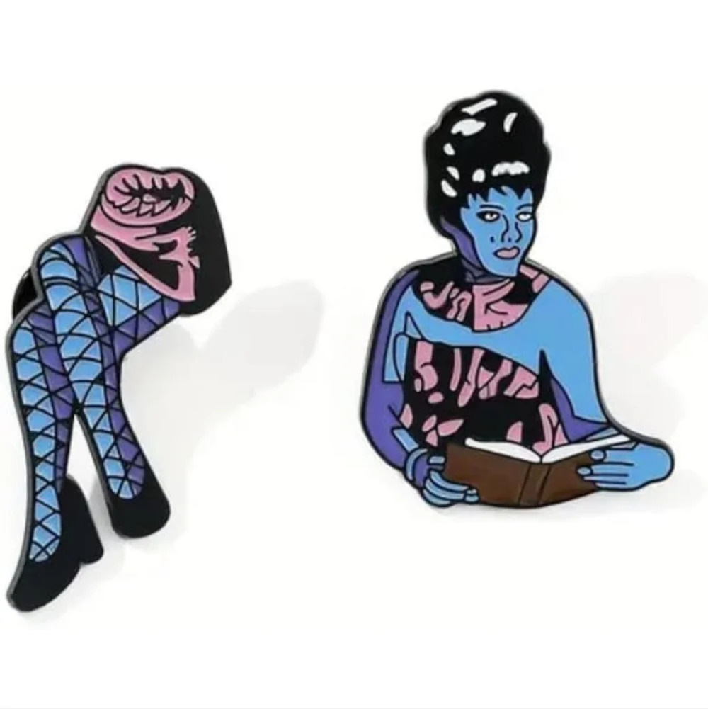 Purple Woman on Couch 2 Piece Enamel Pin Set Beetle Juice scory movie funny blac